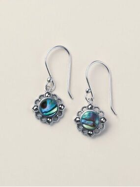 Sterling Silver Marcasite Abalone Drop Earrings - Iridescent Blue-Green